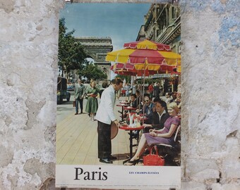 1960s Champ de Elysees Paris Poster, Arc de Triomphe, France, travel wall art decor