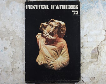 1972 Festival of Athens Poster, classical Greek sculpture, travel tourism, holiday vacation, wall art decor