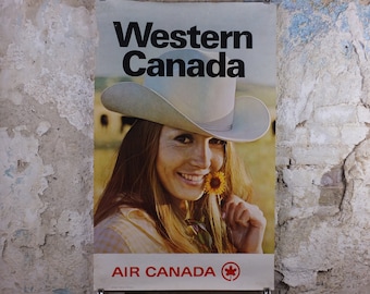 1970s Air Canada Poster, Western Canada smiling Cowgirl holding a dandilion, tourism vacation wall art decor
