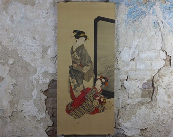 Japanese Geisha Poster, Geisha girls in kimono, window or painting with waves, early 20th Century, wall art retro