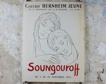 1955 Antonin Soungouroff Poster, an intimate couple, tender sadness, drawing on paper, artist gallery exhibition, wall art decor