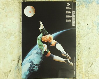 Original Vintage Olympic Spanish Barcelona 1992 Football Poster soccer ball goalkeeper dive goalie Olympiad sport wall art 1990s