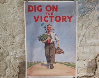 Vintage British WW2 Dig for Victory Propaganda Poster Peter Fraser Telegraph grow vegetables self sufficient reprint print wall art 1980s