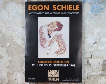 1998 Egon Schiele, leaning "Self portrait in checkered shirt" 1917,  Egon Schiele Museum, Expressionism gallery exhibition, wall art decor