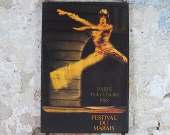 1968 Festival du Marias Poster, ballet with leaping masked classical dancer, Parisian festival, wall art decor