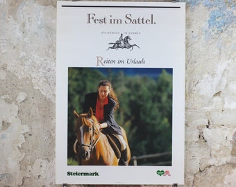1990s Steiermark Styria Poster, Fest im Sattel, Reiten in Urlaub, Pferd, Horse, Austria travel tourism, wall art decor
