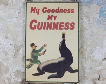 1990s My Goodness My Guinness Poster, from Guinness Museum, By John Gilroy 1935, sea lion or seal nose balancing a pint Wall art retro decor