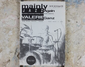 1993 Mainly Jazz Again Poster, Russel Gilbrook on drums, jazz music, by Valerie Ganz, at the Brecon Library Gallery, wall art decor