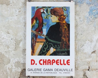 1990 D Chapelle Poster, woman with beautifully coiled, braided hair with brightly coloured parrot, artist gallery exhibition, wall art decor