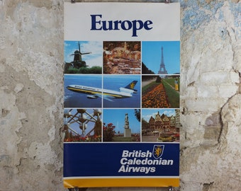 1970s British Caledonian Airways Poster, Europe, McDonnell Douglas DC 10, Aviation, travel wall art decor