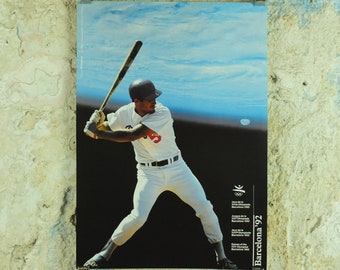 Original Vintage Olympic Spanish Barcelona 1992 Baseball Poster pitch strike moon world MBL softball  Olympiad sport wall art 1990s