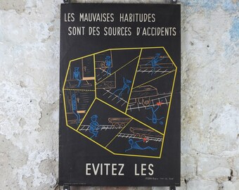 1950s French safety Poster, Bad Habits cause Accidents, by Robin Roland, industrial, train rail dangers, retro wall art decor