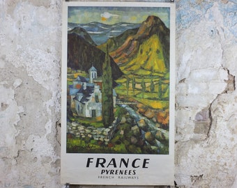 1964 SNCF Pyrenees Poster, southern French mountain landscape, by Gerard Cabet, wall art retro decor