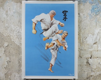Vintage Karate Poster, Martial Arts showing a flying kick from J Milom, Manchester, Dojo sport, wall art decor 1960s