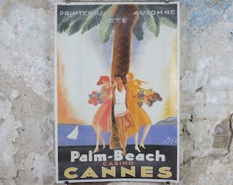 Cannes Cote d'Azure Poster, Palm Beach Casino on the French Riviera, reproduction from the 1980s, wall art decor