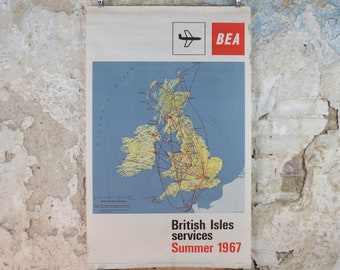 1967 BEA British Isles Route Map Poster, British European Airways, Original Vintage Summer 1967, air travel tourism, wall art retro decor