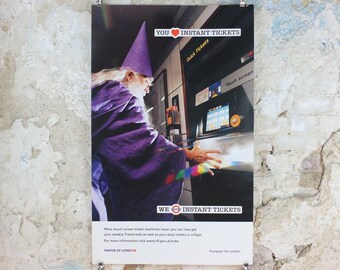 2003 Tube London Underground Poster, Wizard with an Oyster card, authentic London history, travel history, wall art decora