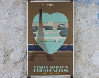 Original Venice Simplon Orient Express Poster, Paris Fix Masseau, Eiffel Tower 1985 limited edition of 200, train, art deco, wall art decor