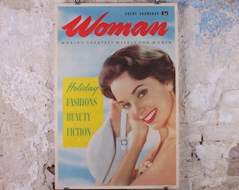 1950s Woman Newsagent Poster, weekly beauty fashion holiday fiction, magazine media print wall art retro