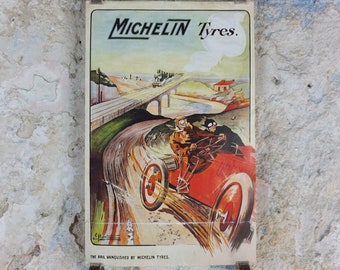 1970s Michelin Tyres Poster, from 1905 by E Montaut, tyre advertising, Faster than Rail!, art deco nouveau Advertising wall art decor