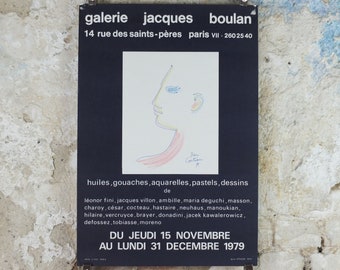 1979 Jean Cocteau Poster, Galerie Jacques Boulan, Portrait Face Profile,  surrealist avant-garde Dada, gallery exhibition wall art decor