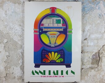 1982 Wurlizter Jukebox Poster, Anne Laddon Rama Lama Ding Dong, colourful retro advertising, STAINED, gifts for music lovers, wall art decor