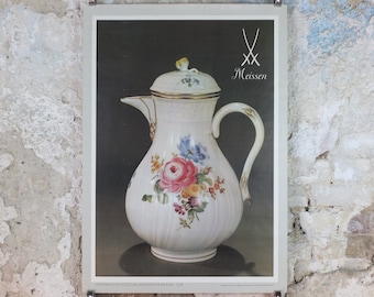 1980s Meissen China Poster, floral jug, Porcelain from DDR, hard paste, wall art decor