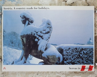 1990s Austrian Winter Poster, winged sphinx statue at Winter Palace published by Austrian Federal Government, travel tourism, wall art decor