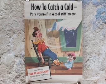 Original Vintage Disney How to Catch a Cold 1951 poster Park in a stiff breeze Kleenex tissue advertising educational print wall art 1950s