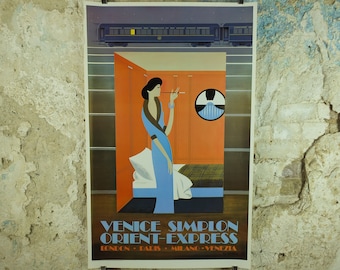Original Vintage Francés Venecia Simplon Orient Express Poster Fix Masseau 1st luxury train art deco nouveau Advertising print wall art 1980s