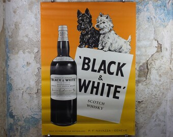 1962 Black & White Whisky Poster, Scotch Whisky, Scottish Terrier, Buchanans, Glasgow, advertising print wall art retro
