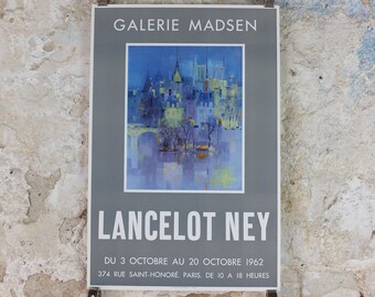 1962 Lancelot Ney Poster, László Ney at Galerie Madsen in Paris, cubism abstract, artist gallery exhibition, wall art decor