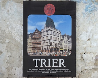 1970s Trier Travel Poster, medieval market square, Germany, Deutschland plakat, travel tourism holiday vacation wall art decor