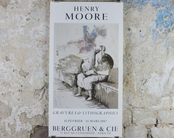 1987 Henry Moore Poster, Mother and Child, bronze sculpture, modernism, gallery exhibition wall art 1980s