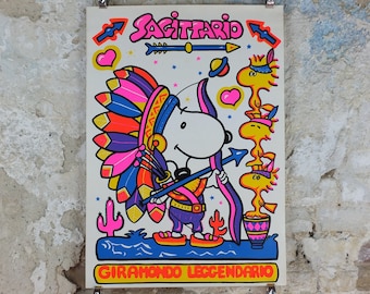 1980s Snoopy Poster, Peanuts, Sagittarius Zodiac sign in Italian fluorescent, by Charles Schultz, print wall art retro decor