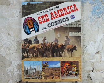 1980 USA Travel Poster, Cosmos Tours, United States of America, New York, ranch, Grand Canyon, tourism vacation wall art decor