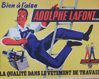 Vintage French Adolph Lafont Lyon poster wall art denim overalls workwear ladder handyman toolbox  retro 1950s yellow