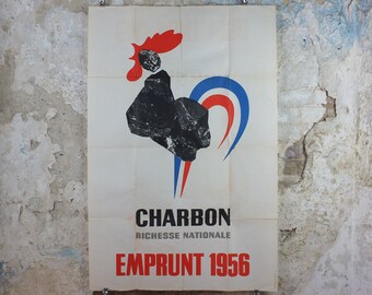 1955 Coal mining- Charbon Richesse Nationale Poster, Tricolour Rooster, RL Dupuy, French Energy Industry, fossil fuel Bonds, wall art decor