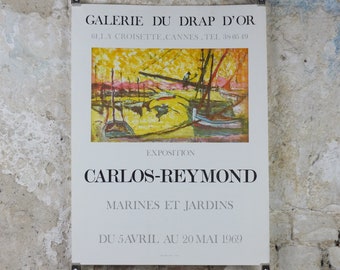 1969 Carlos Reymond Poster, bright painting of sail boats in harbour with yellow sunset, French, Galerie du Drap D'or Paris, wall art decor