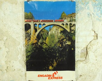 Original Vintage Swiss Engadin St Moritz Rail Poster Wein Salzburg Schweiz Suisse Switzerland train travel tourism tourist wall art 1980s