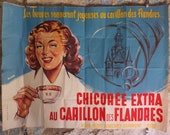 Original Vintage French Coffee Chicory Bells of Flanders Poster Advertising print woman church cup mug Rledu wall art retro 1950s 1960s