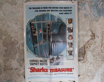 Original Vintage Movie Poster Sharks Treasure 1975 1970s wall art Cornel Wilde divers cage jaws swim US one sheet cinema film memorabilia