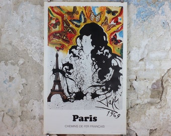 Vintage Dali Paris Poster, Salvador Dali, Butterflies, SNCF, travel tourism, 100cmx62cm, Chemins de fer Francais, wall art 1970s