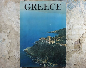 1969 Mount Athos Greece Travel Poster, Stavronikita Monastery, Orthodox St Nicholas, travel tourism, holiday vacation, wall art decor