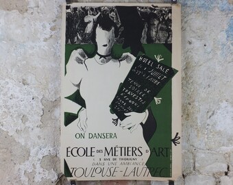 1950s Toulouse Lautrec ENSAAMA Poster, by Christian Combal, Ecole des Métiers d'Art, Decorative arts, dance ballroom ball, wall art decor