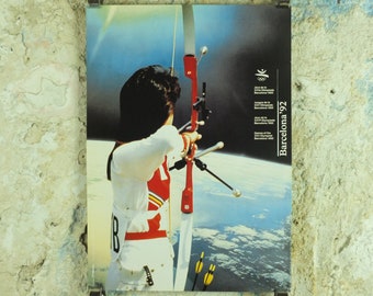 Original Vintage Olympic Spanish Barcelona 1992 Archery Poster bow arrow shooting quiver NASA world Olympiad sport wall art 1990s