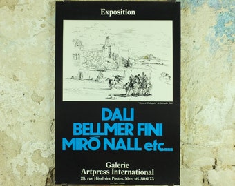 1980s Salvador Dali Exhibition Poster, Rome et Cadaques, Cubism Dada Surrealism, artist gallery exhibition wall art 1980s