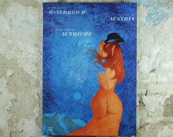 1972 Helmut Leherb Poster, Lady with a bowler hat, Dame mit Melone, Vienna School of Fantastic Realism, Surrealism, wall art decor