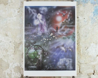 1990s The Four Elements Poster, by Peter Pracownik, Earth Sea Air Fire Wind, from Rhiannon Press, fantasy fiction wall art decor