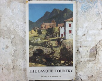 1968 SNCF The Basque Country Poster, southern French mountain Basque village landscape, by Roland Oudot, wall art retro decor